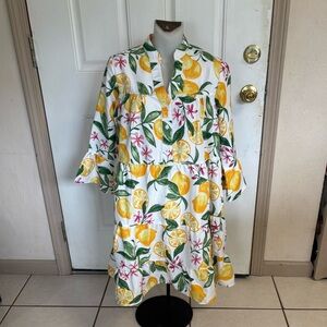 NWT Small Take 2 Yellow, Green, pink lemon/floral 3/4 ruffle sleeve tiered Dress